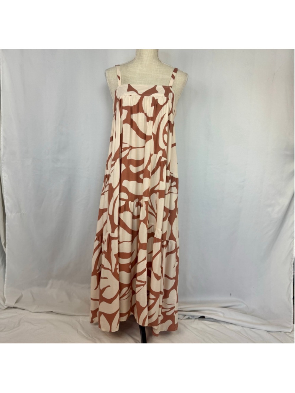NWT Abel The Label Maxi Tiered Tank Dress Cream Brown Boho Coastal Women Medium